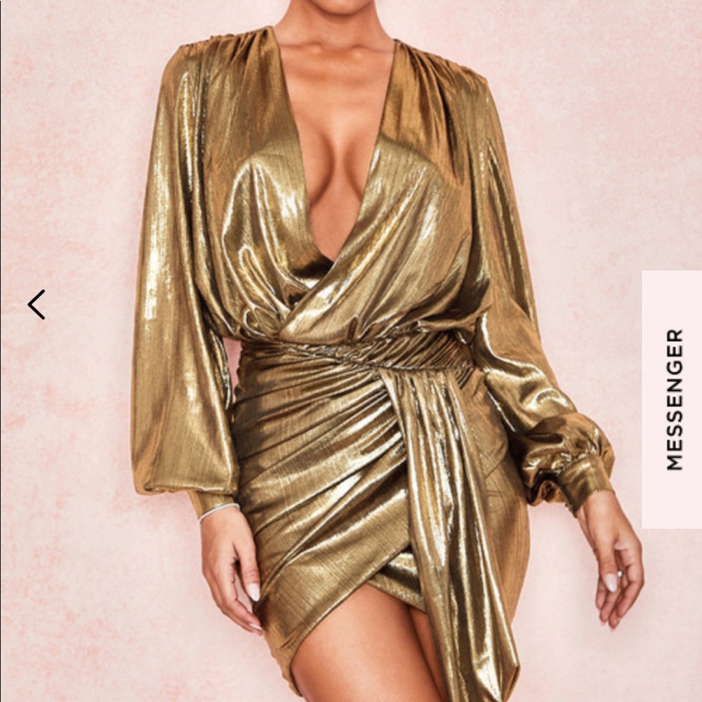 House of CB Gold Metallic Plunge Mini Dress